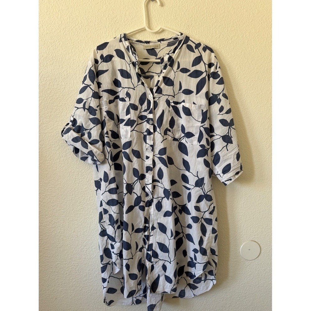 New Collection Womens Blue White Leaf Print Cotton Shirt Dress Tunic Italy 1X - Picture 2 of 16